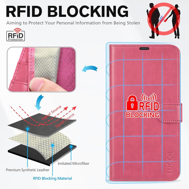 TUCCH Wallet Case for iPhone 17 Pro Max (6.9") 2025, 4 Card Slots | RFID Blocking | Stand | Shockproof TPU Shell | PU Leather | Magnetic Closure | Protective Flip Folio Cover | Hot Pink - Image 3